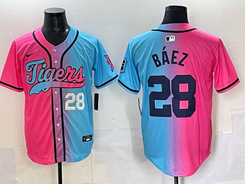 Men 2025 Detroit Tigers #28 Baez Blue pink Game Nike MLB Jersey style 05->detroit tigers->MLB Jersey